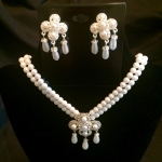 Pearl and Crystal Flower Medallion Necklace Set -Clip on earrings