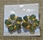 Hunter Green Pedals and Crystal Flower Earrings-Post