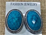 Large Turquoise Oval Stone and Siver Earrings-Post